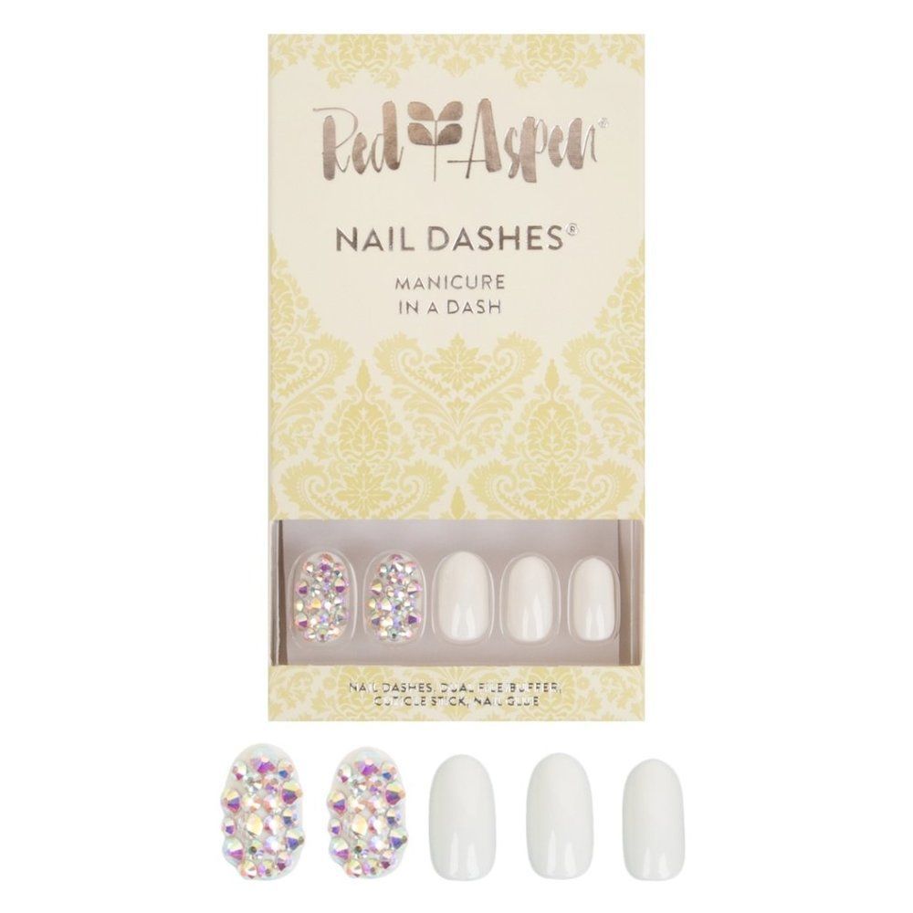 NIB Red Aspen "Satin and Silk" Nails – Medium Round White w/ Crystals